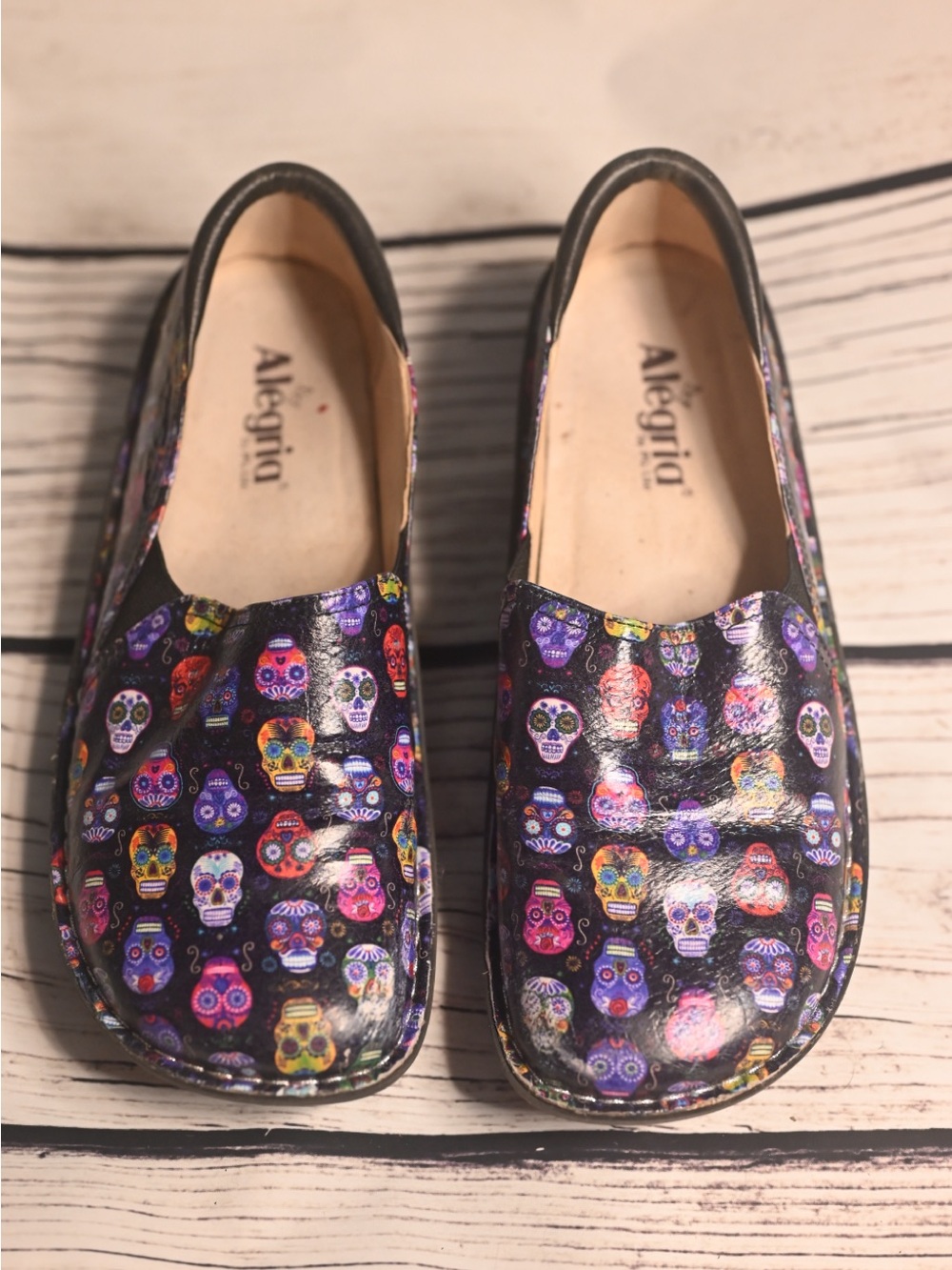 Alegria Black Sugar Skull Slip-On Shoes